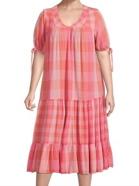 Terra & Sky Pink Orange Plaid Prairie Dress Tiered Boho Size 1X